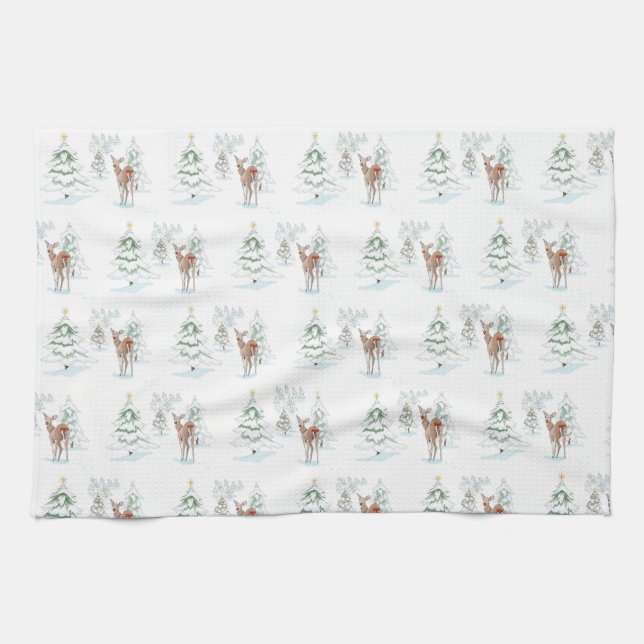 Red Nose Deer in Snowy Forest of Christmas Trees Kitchen Towel (Horizontal)