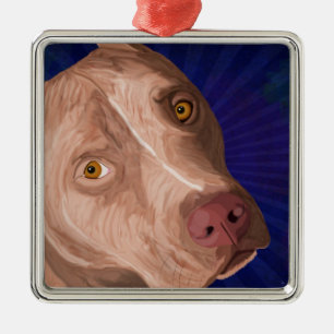 Red Nose Pit Bull with a Blue Background Metal Ornament