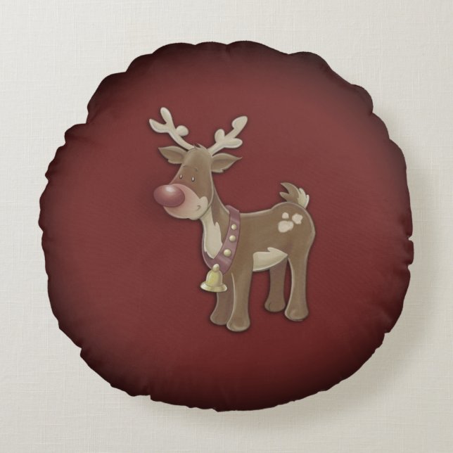 Red Nose Reindeer Christmas Round Pillow (Front)