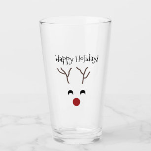 Red Nose Reindeer Face Happy Holidays Christmas Glass