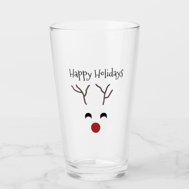 Red Nose Reindeer Face Happy Holidays Christmas Glass (Front)