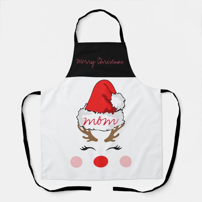 Red Nose Reindeer Santa's Hat Merry Christmas Mom Apron (Front)