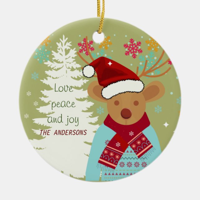 Red Nose Reindeer Snowflake Family Name Christmas Ceramic Ornament (Front)