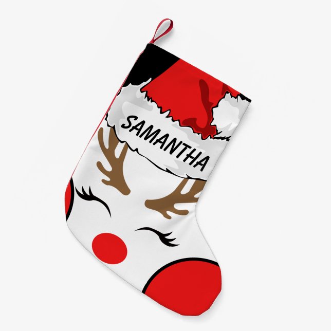 Red Nose Reindeer with Santa's Hat Name Small Chri Small Christmas Stocking (Front (Hanging))