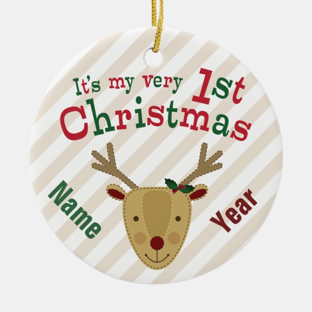 Red-Nosed Reindeer Baby's 1st Christmas Ceramic Ornament (Front)