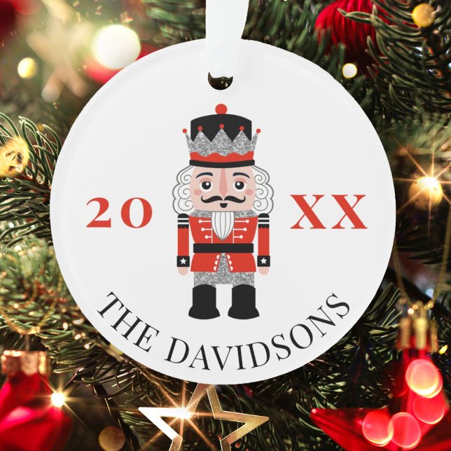 Red Nutcracker Prince Christmas Photo Ornament (cute nutcracker Christmas ornament with family photo on the back)