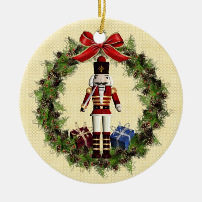 Red Nutcracker Wreath Round Ornament (Front)