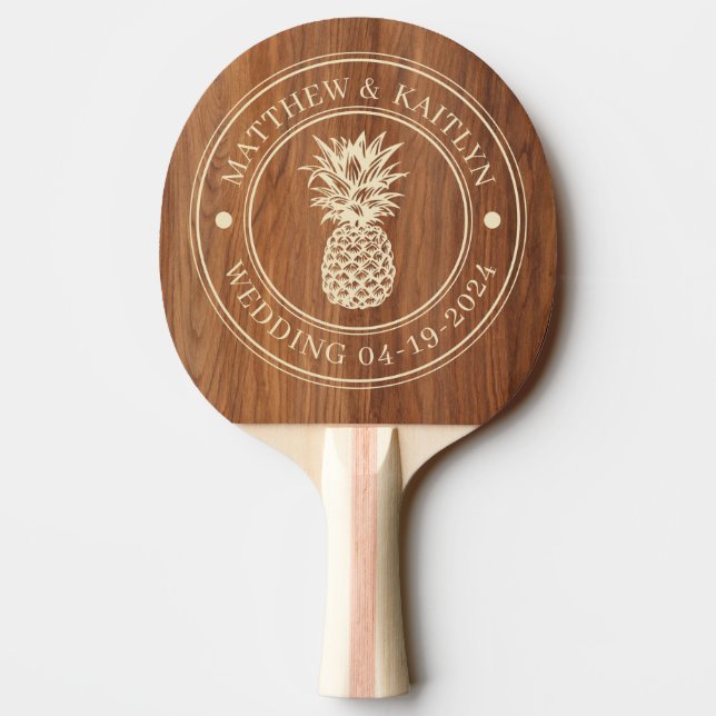 Red Oak Wood Pineapple Wedding Crest & Names Ping Pong Paddle (Back)