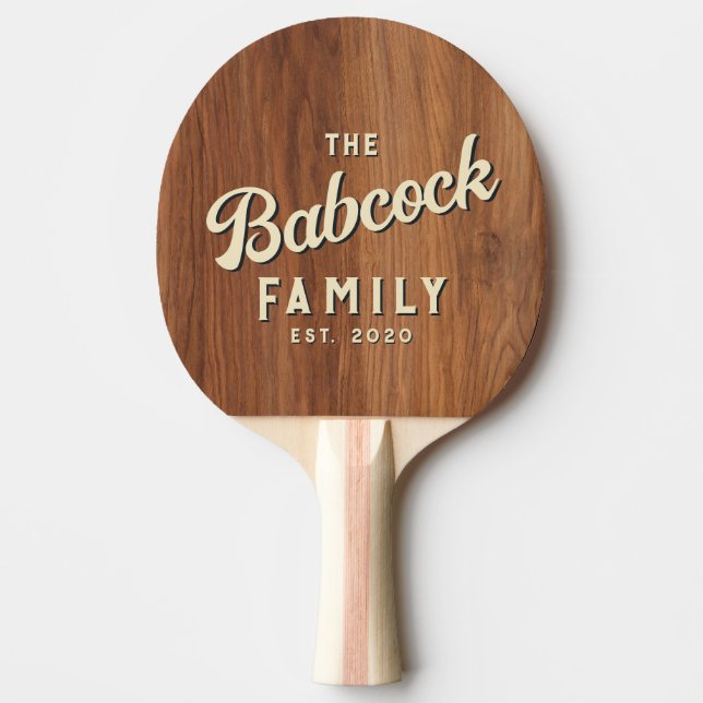 Red Oak Wood Retro Family Name & Year Ping Pong Paddle (Front)