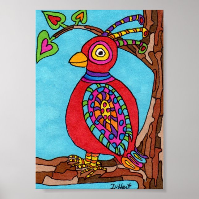 Red Oaxacan Bird Mini Mexican Folk Art Poster (Front)