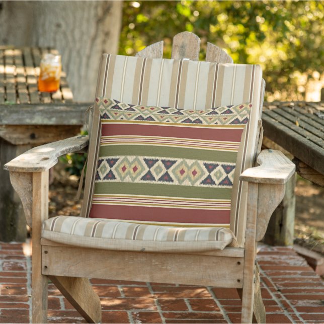 Red Ochre Mustard Yellow Olive Drab Green Ikat Art Outdoor Pillow (Chair)