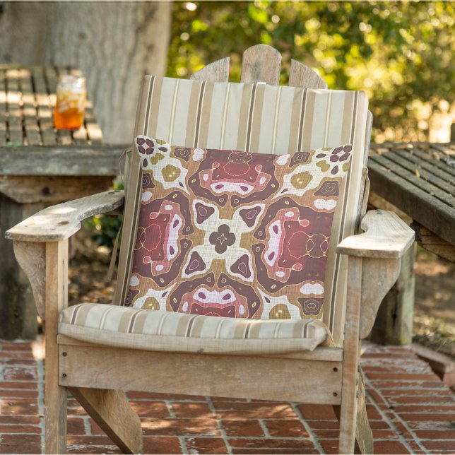 Red Ochre Mustard Yellow Taupe Brown Tribal Art Outdoor Pillow (Chair)
