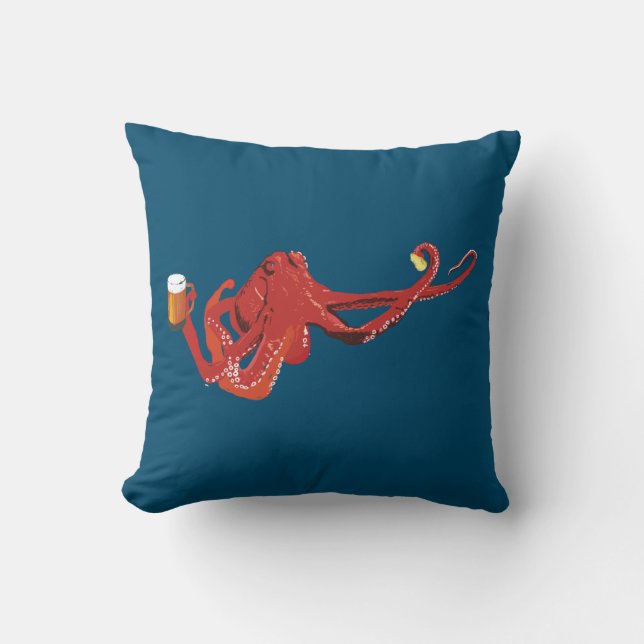 Red octopus Beer Lover Throw Pillow (Front)