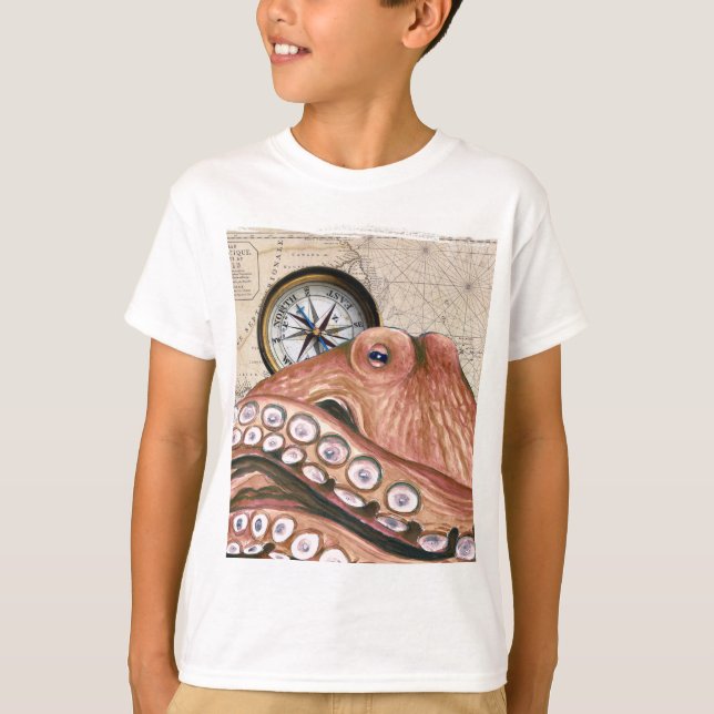 Red Octopus Compass Vintage Map beige T-Shirt (Front)