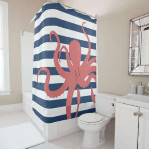 Red octopus modern beach white navy blue striped