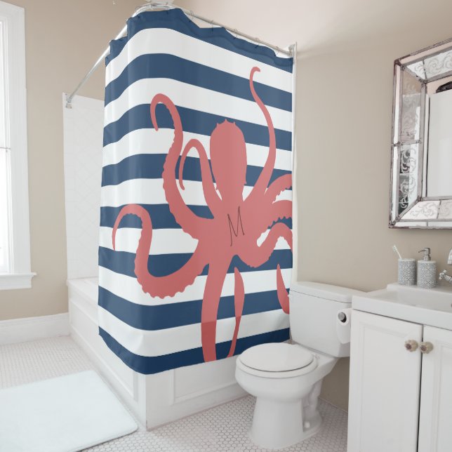 Red octopus modern beach white navy blue striped (In Situ)