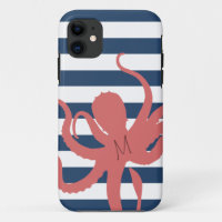 Red octopus modern beach white navy blue striped