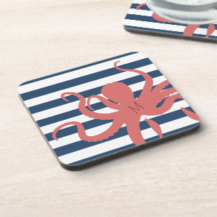 Red octopus modern beach white navy blue striped coaster