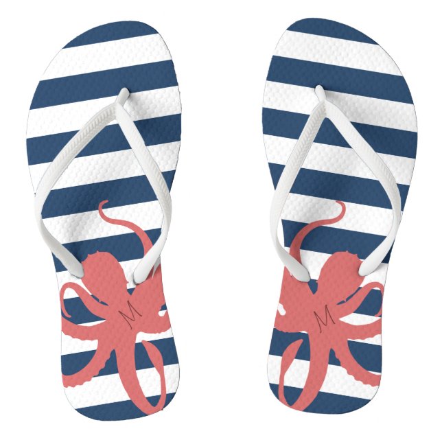 Red Octopus Modern Beach White Navy Blue Striped Flip Flops (Footbed)