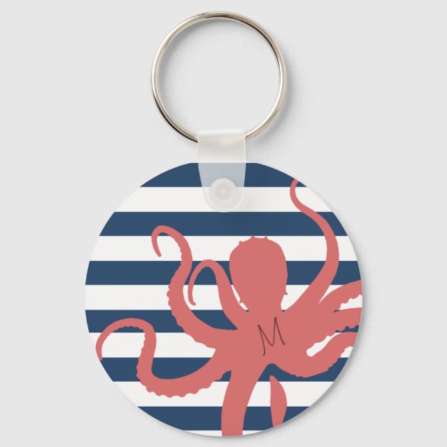 Red octopus modern beach white navy blue striped keychain (Front)