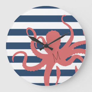 Red octopus modern beach white navy blue striped large clock