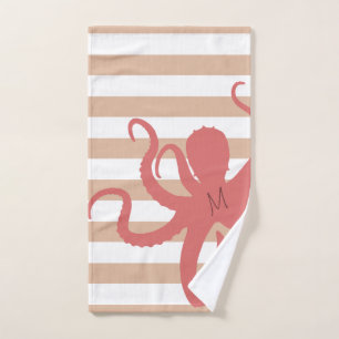 Red octopus modern beach white sand striped bath towel set