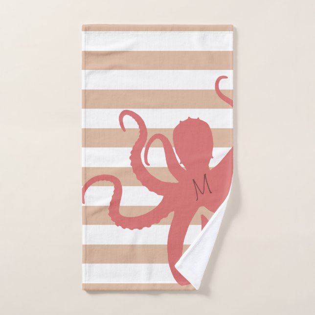 Red octopus modern beach white sand striped bath towel set (Hand Towel)