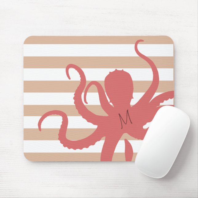 Red octopus modern beach white sand striped mouse pad (With Mouse)