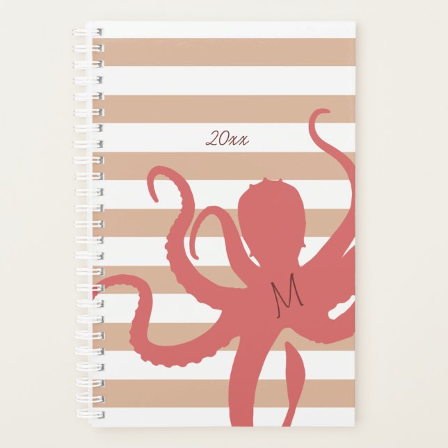 Red octopus modern beach white sand striped planner (Front)