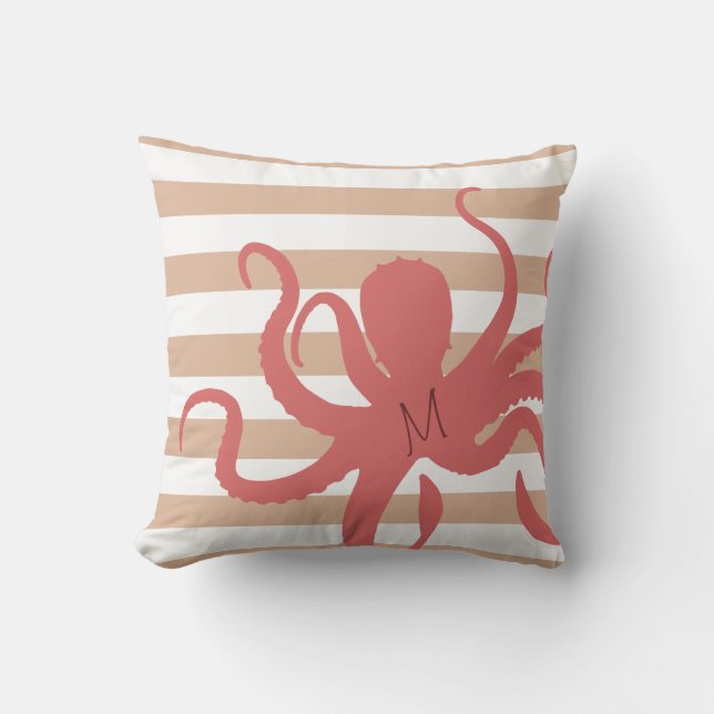Red octopus modern beach white sand striped throw pillow (Front)