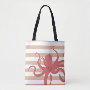 Red octopus modern beach white sand striped tote bag
