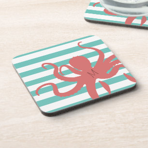 Red octopus modern beach white teal striped coaster