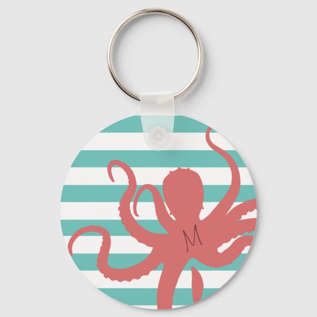 Red octopus modern beach white teal striped keychain (Front)