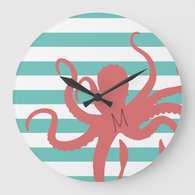 Red octopus modern beach white teal striped large clock (Front)