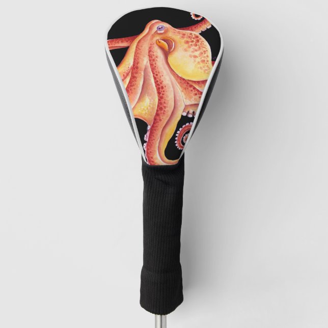Red Octopus on Black Watercolor Art Golf Head Cover (Front)