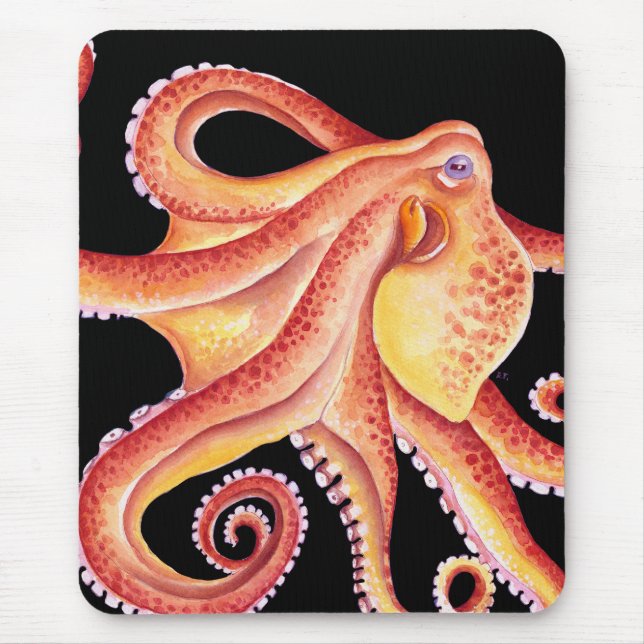 Red Octopus on Black Watercolor Art Mouse Pad (Front)