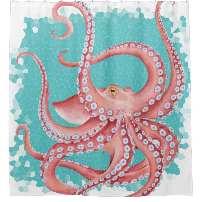 Red Octopus Teal stained glass (Front)