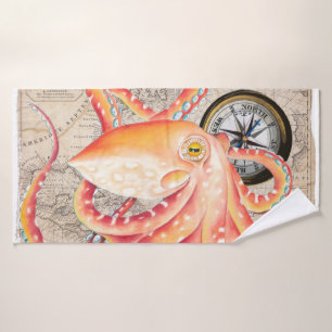 Red Octopus Vintage Map Compass Marine Bath Towel Set