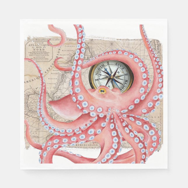Red Octopus Vintage Map Compass Napkin (Front)