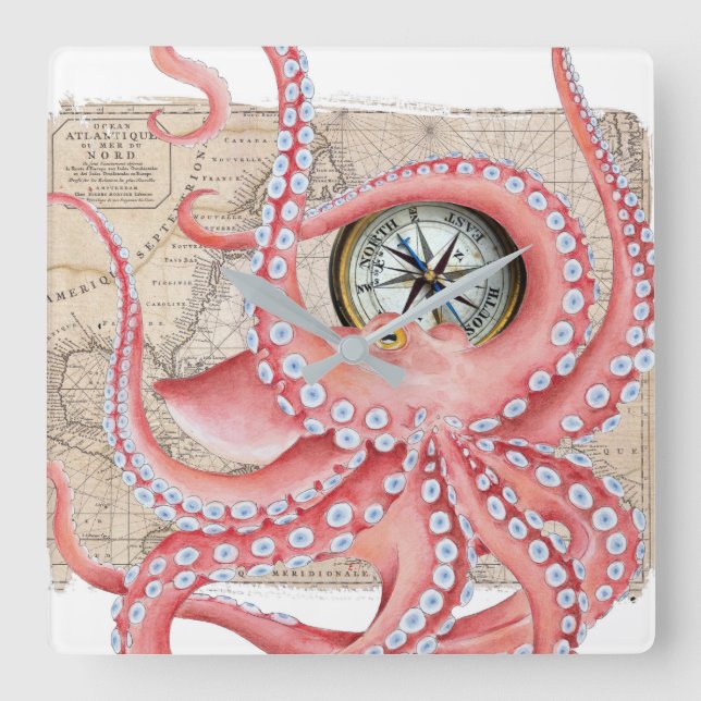 Red Octopus Vintage Map Compass Square Wall Clock (Front)