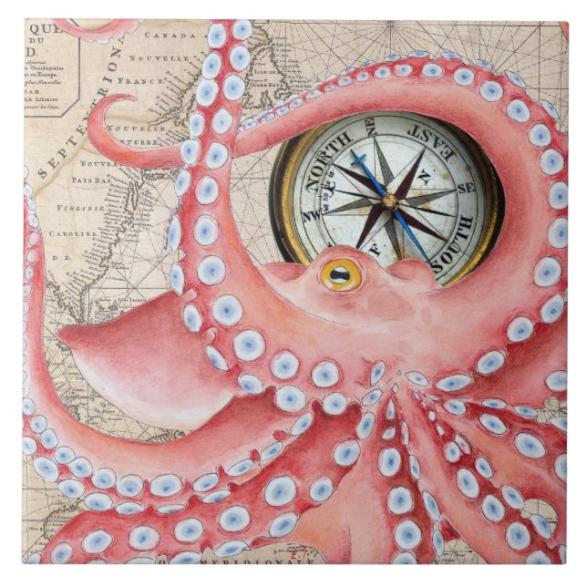 Red Octopus Vintage Map Compass Tile (Front)