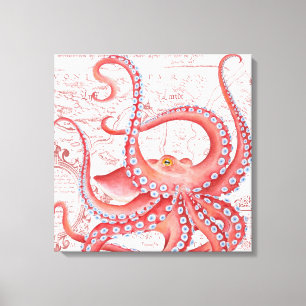 Red Octopus Vintage Map White Canvas Print
