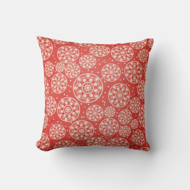 Red, Off White, Blue Snowflake Circle Throw Pillow (Front)