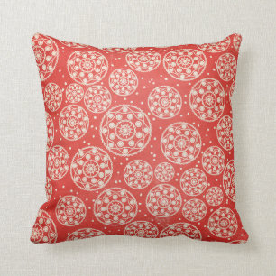 Red, Off White, Blue Snowflake Circle Throw Pillow