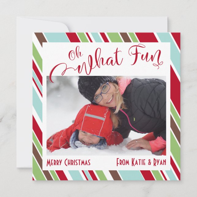 Red Oh What Fun Typography w/ Diagonal Stripes Holiday Card (Front)
