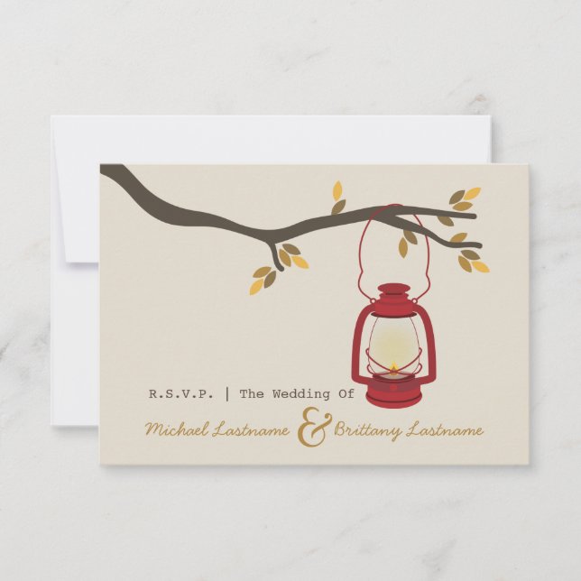 Red Oil Lantern Camping Fall Wedding R.S.V.P. RSVP Card (Front)