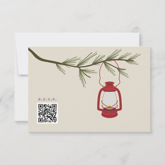 Red Oil Lantern Evergreen Camping Wedding QR Code RSVP Card (Front)