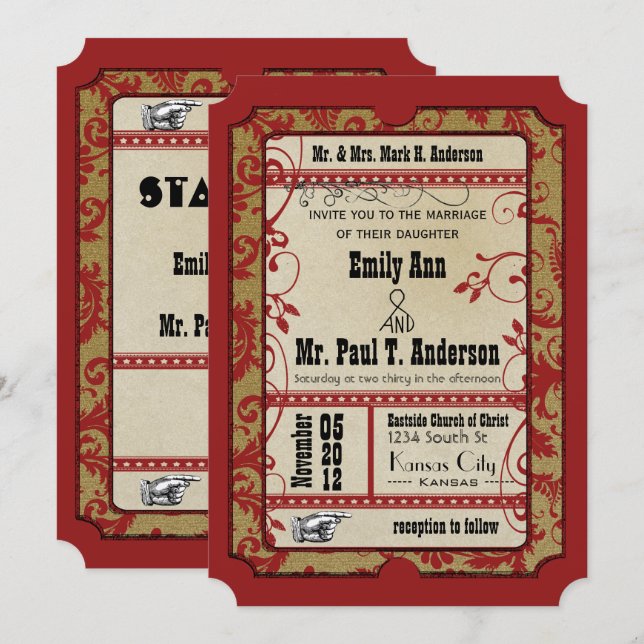 Red Old Hollywood  Ticket for Two Wedding Invitation (Front/Back)