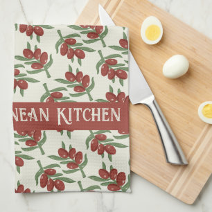 Red Olives Pattern Yellow Kitchen Towel