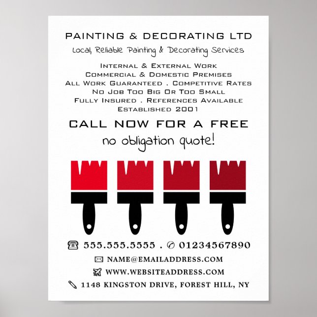 Red Ombre Brushes, Painter & Decorator Advertising Poster (Front)